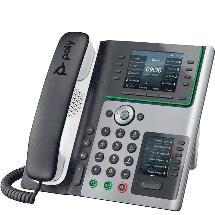 HP Poly Edge E400 desk phone with an expansion key display